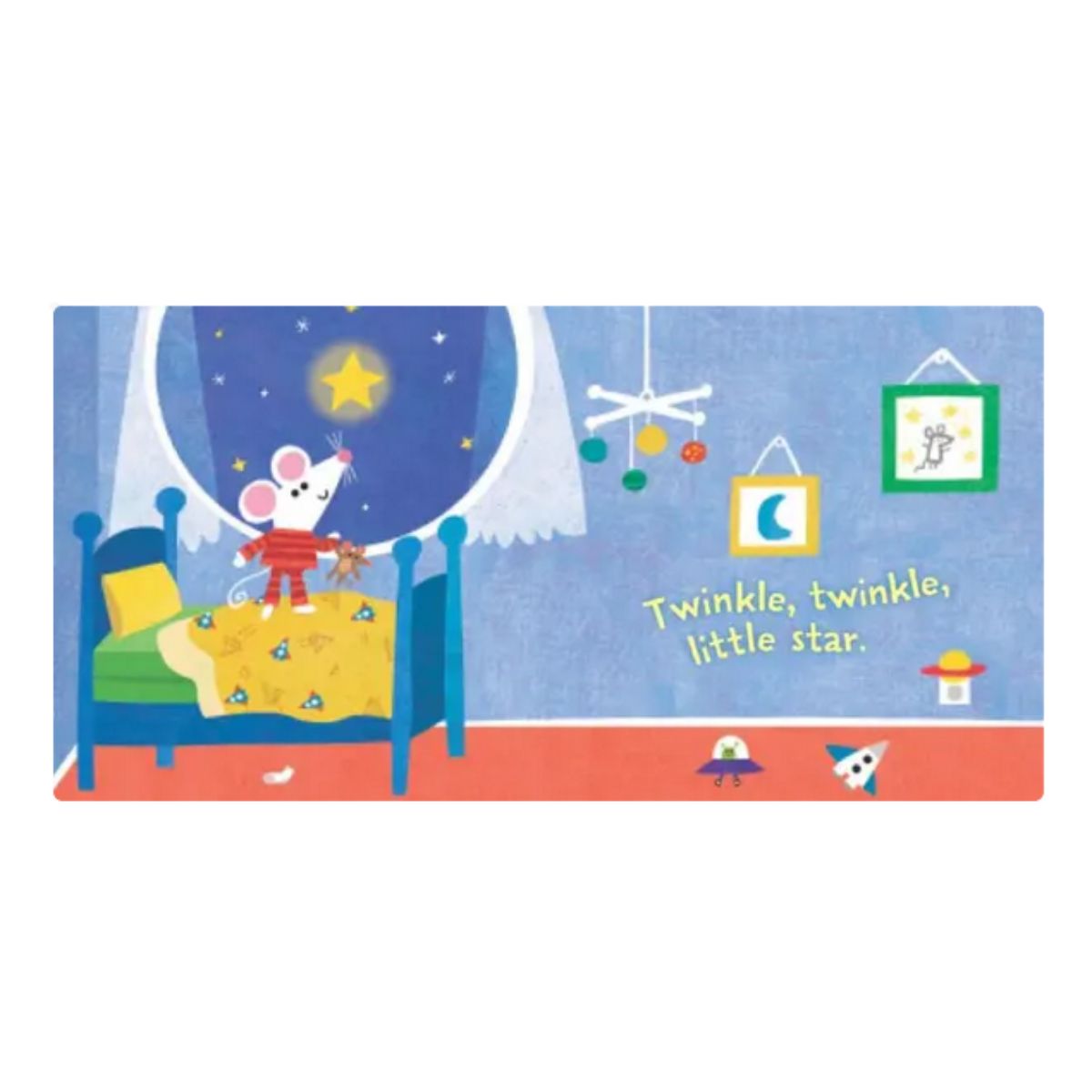 Inside pages of Indestructibles book "Twinkle, Twinkle, Little Star" with illustrations of little mouse in bedroom looking out window at stars.