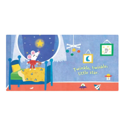Inside pages of Indestructibles book "Twinkle, Twinkle, Little Star" with illustrations of little mouse in bedroom looking out window at stars.