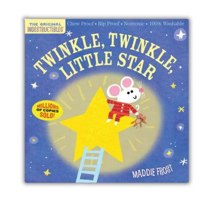 Indestructibles chew, rip proof baby book "Twinkle, Twinkle, Little Star" cover with mouse on ladder in blue sky with starts on a white background - Little Gift Nook