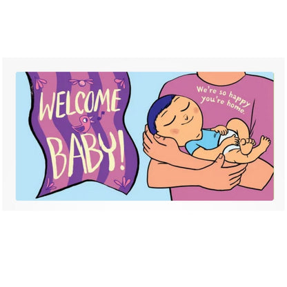 Inside pages of Indestructibles Welcome, Baby book with a cartoon illustration of a person holding a baby with 'Welcome Baby!' text on a purple background.