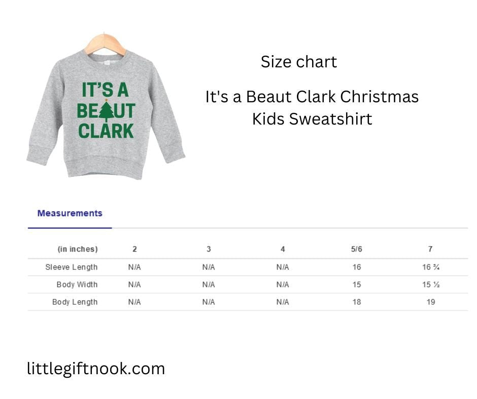 kids gray and green "It's a beaut clark" sweatshirt size chart.