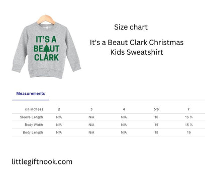 kids gray and green "It's a beaut clark" sweatshirt size chart.