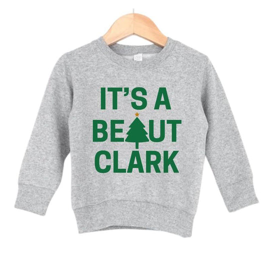 Kids heather gray green "It's a Beaut Clark" in green with green christmas tree on front sweatshirt. Little Gift Nook