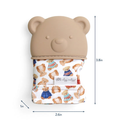 tan bear silicone baby teething mitt size measurements on a white background.