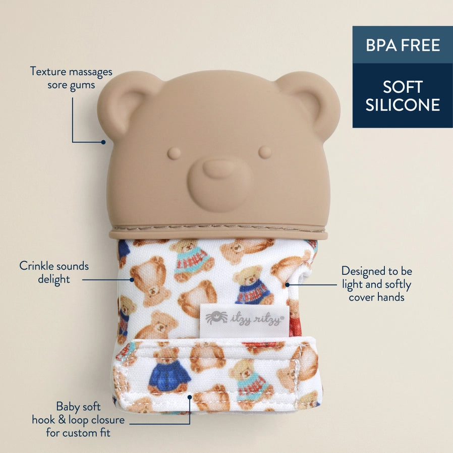 Tan bear silicone teething mitt details and features on a tan background.