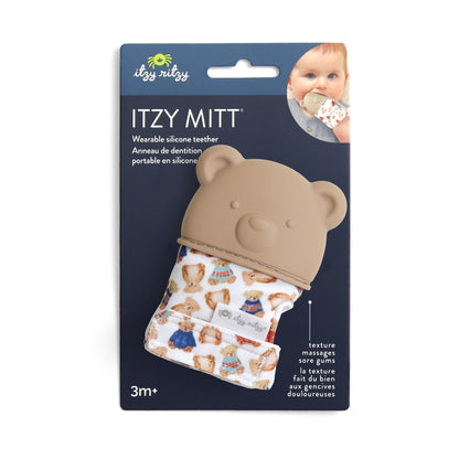 Itzy Mitt baby teether packaging with bear design on a blue background.