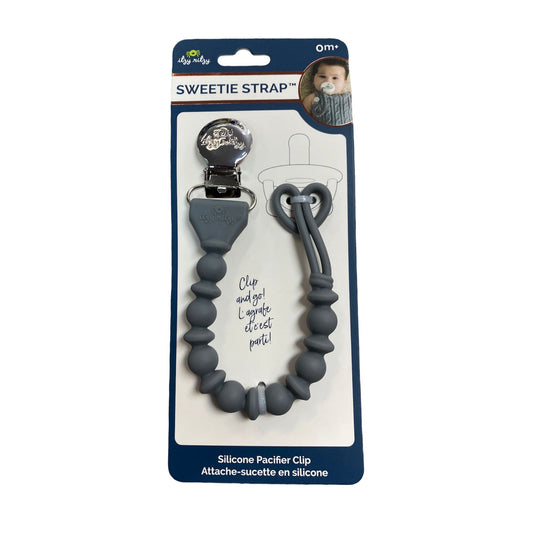 Itzy Ritzy Sweetie Strap Pacifier Clip Gray on cardstock packaging - Little Gift Nook