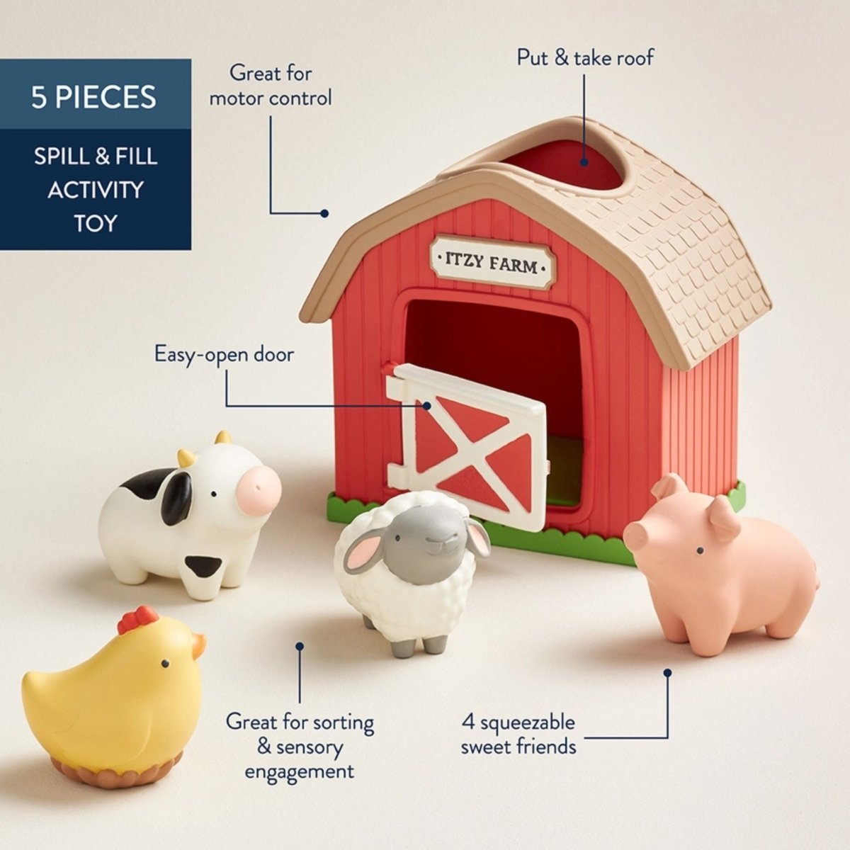 Red plastic barn with little cow, pig, sheep, and chicken playset for baby with details about each - spill and fill toy. 