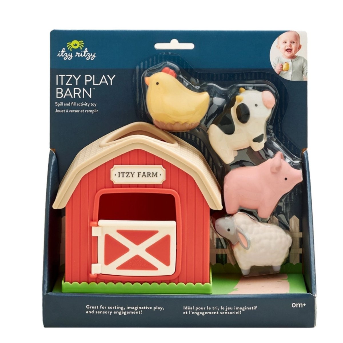 Red plastic barn with little cow, pig, sheep, and chicken playset for baby in a navy package.