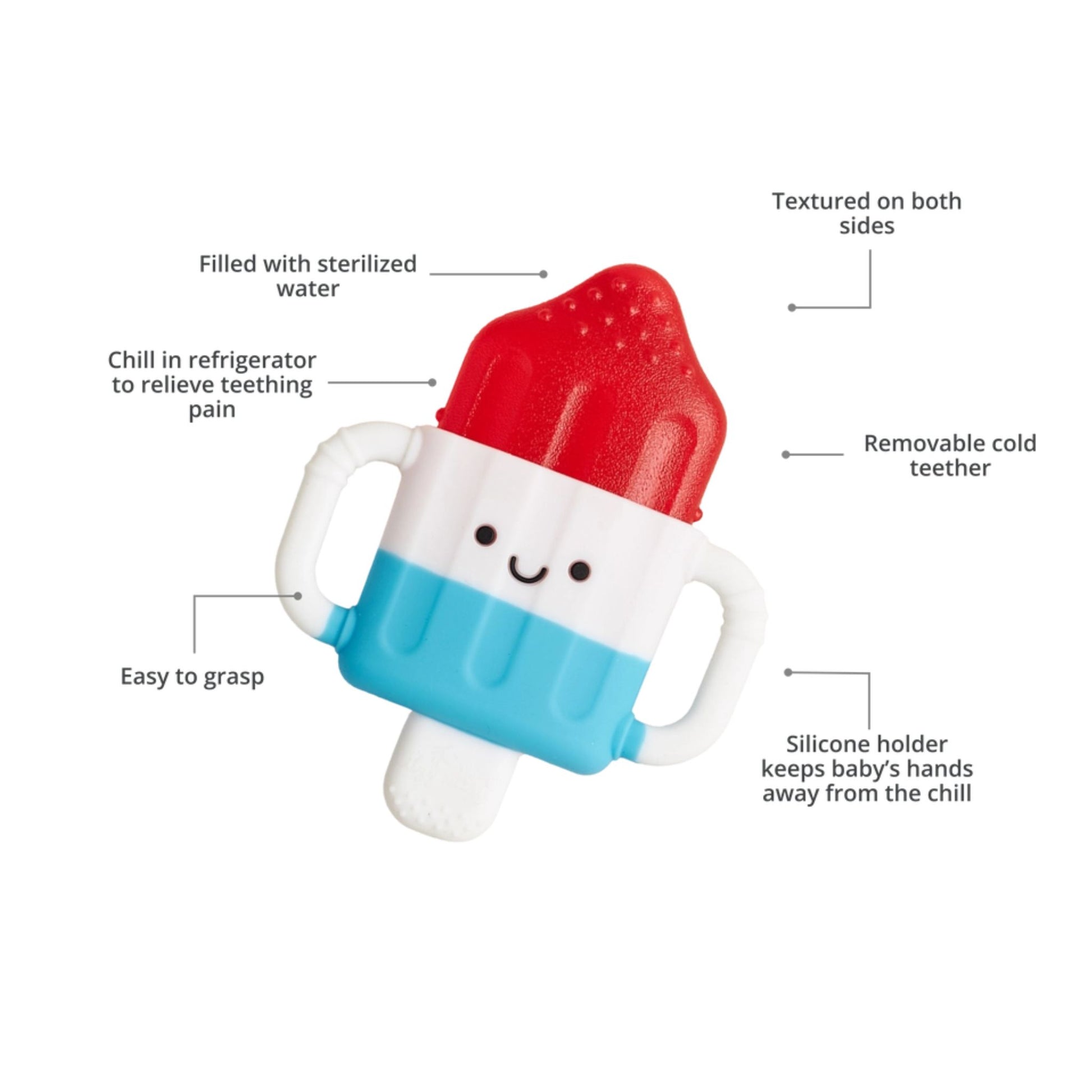 Itzy Cool Cold Teether Hero Pop - baby sterilized water filled teether, textured on both sides, removable cold teether part, easy to grasp, silicone holder shaped like red white blue Popsicle - Little Gift Nook