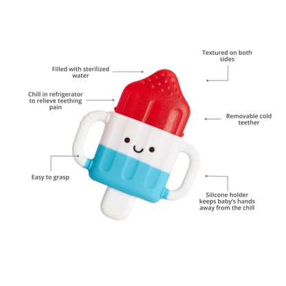 Itzy Cool Cold Teether Hero Pop - baby sterilized water filled teether, textured on both sides, removable cold teether part, easy to grasp, silicone holder shaped like red white blue Popsicle - Little Gift Nook