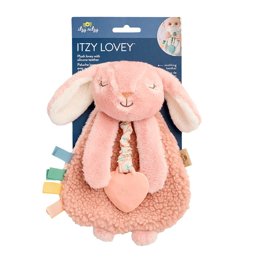 Itzy Friends Lovey Bunny Teether Plush - in pink sherpa plush with sensory tags and heart shapped silicone teether - Little Gift Nook