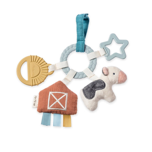 Itzy Ritzy Busy Ring Farm Teething Toy with silicone textured teethers, plush jingle cow, soft taggy sensory farm, and hook to attach to car seat or stroller - Little Gift Nook