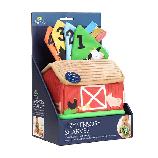 Itzy Sensory Scarves Barnyard Toy for baby - soft red textured barn with 4 numbered, colored, and different textured scarves that come out of top - Little Gift Nook