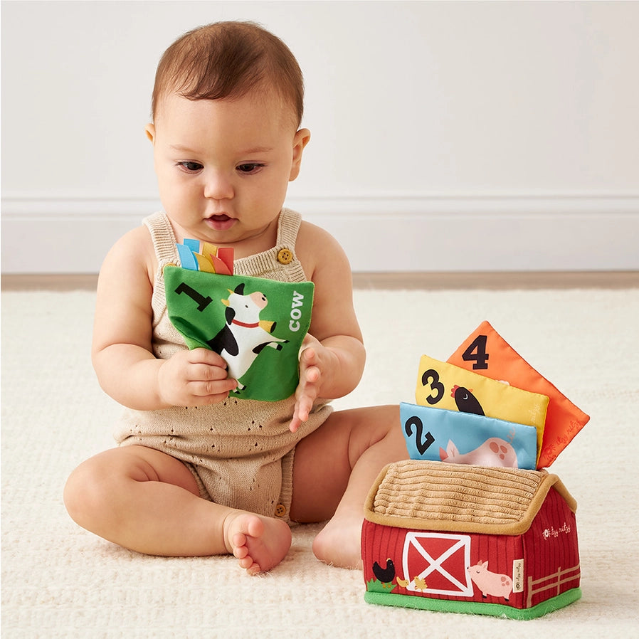 Baby playing with Itzy Sensory Scarves Barnyard Toy for baby - pulling scarves in and out of barn - Little Gift Nook 