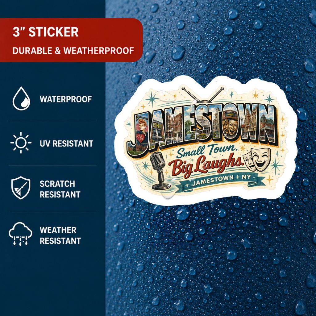 A 3-inch Jamestown sticker shown on a dark blue water-droplet background with feature callouts reading waterproof, UV resistant, scratch resistant, and weather resistant.