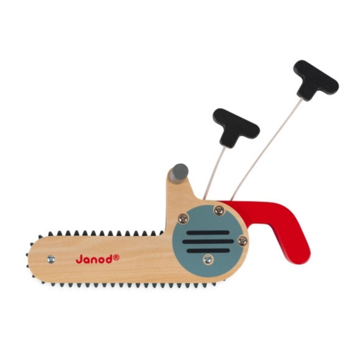 Toy chainsaw by Janod with red handle and black pull rope handles on a white background.