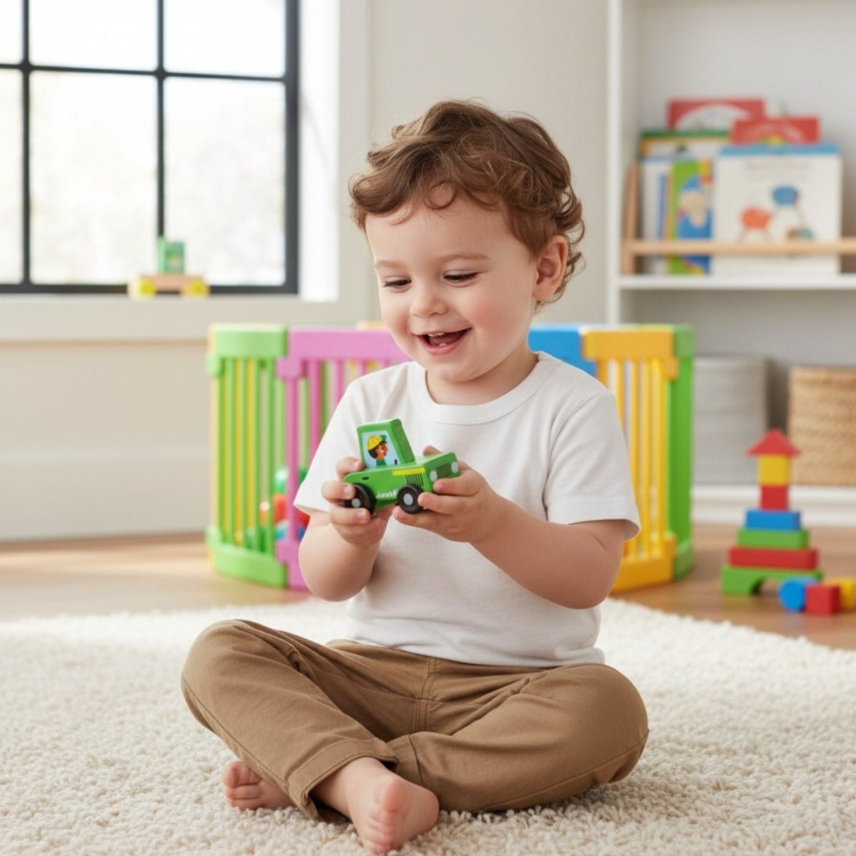 Little boy playing with green wooden tractor toy by Janod sitting on rug. 