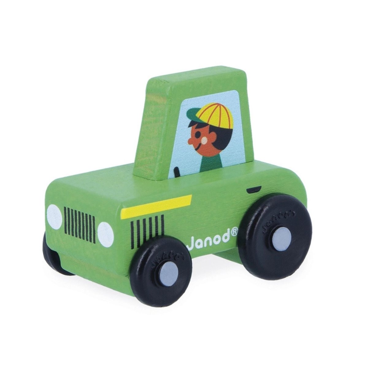 Side view of green wooden tractor toy for 12 months and up on white background. 
