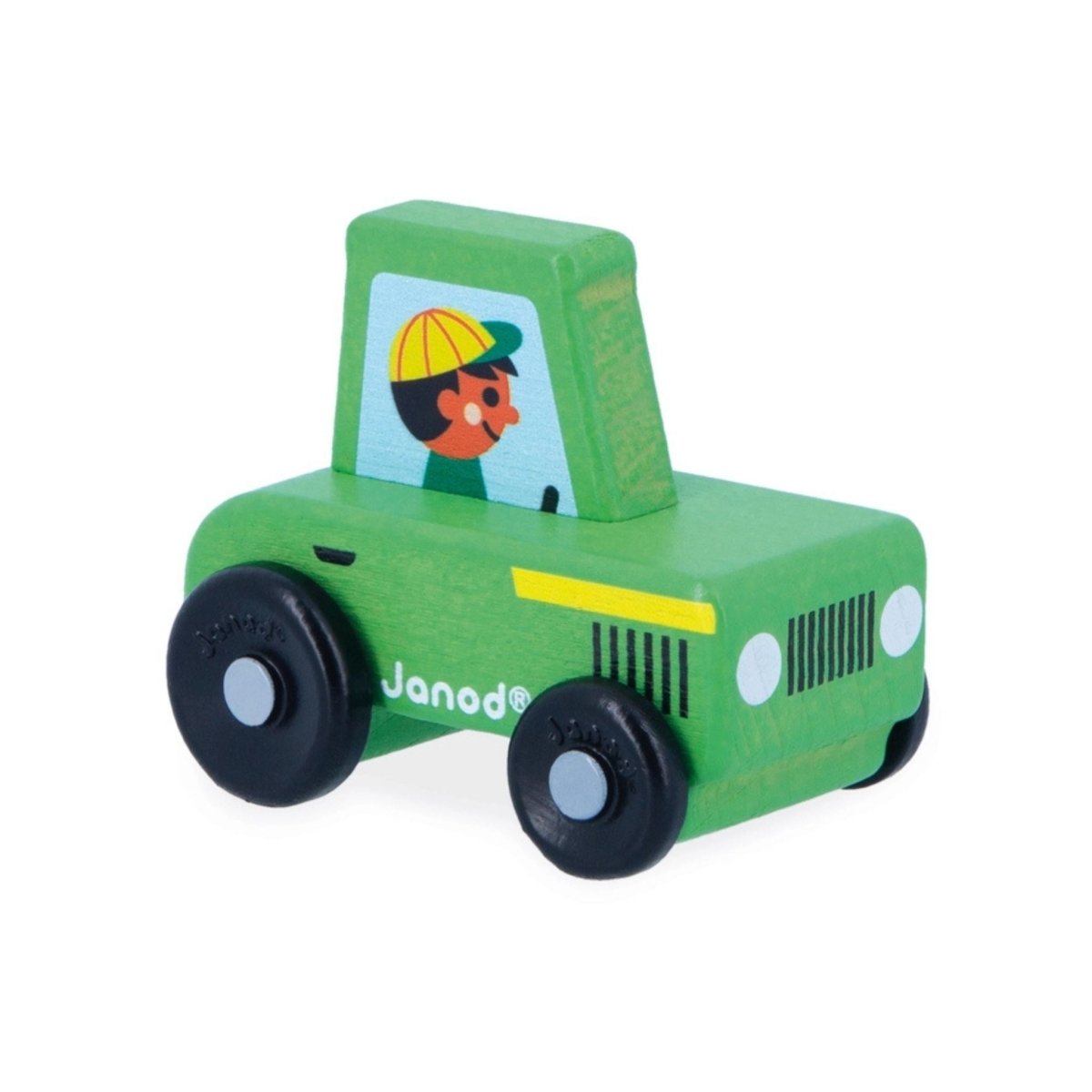 right side view of wooden tractor toy by Janod on white background.