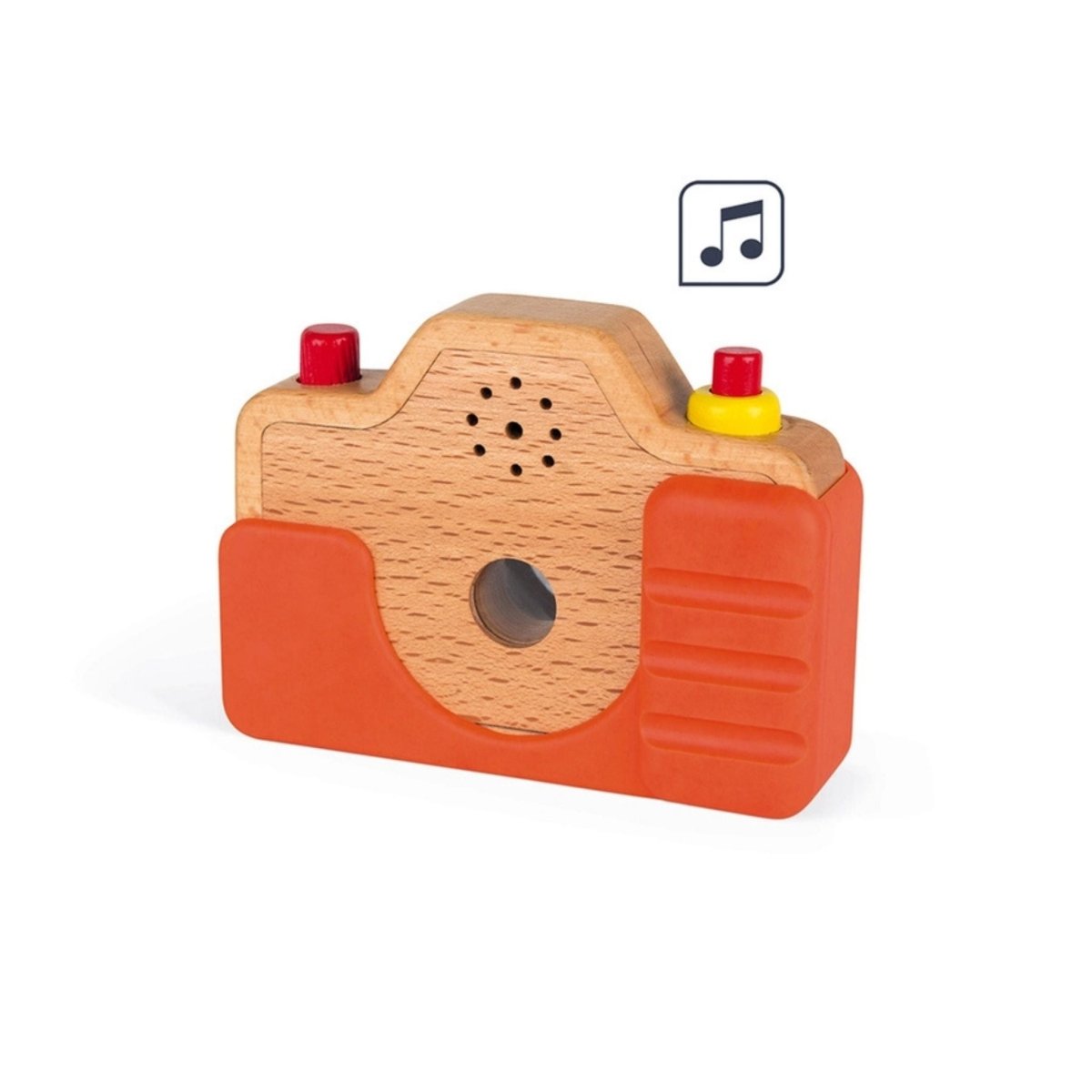 Wooden toy camera with orange silicone case back view and button has shutter sound. 