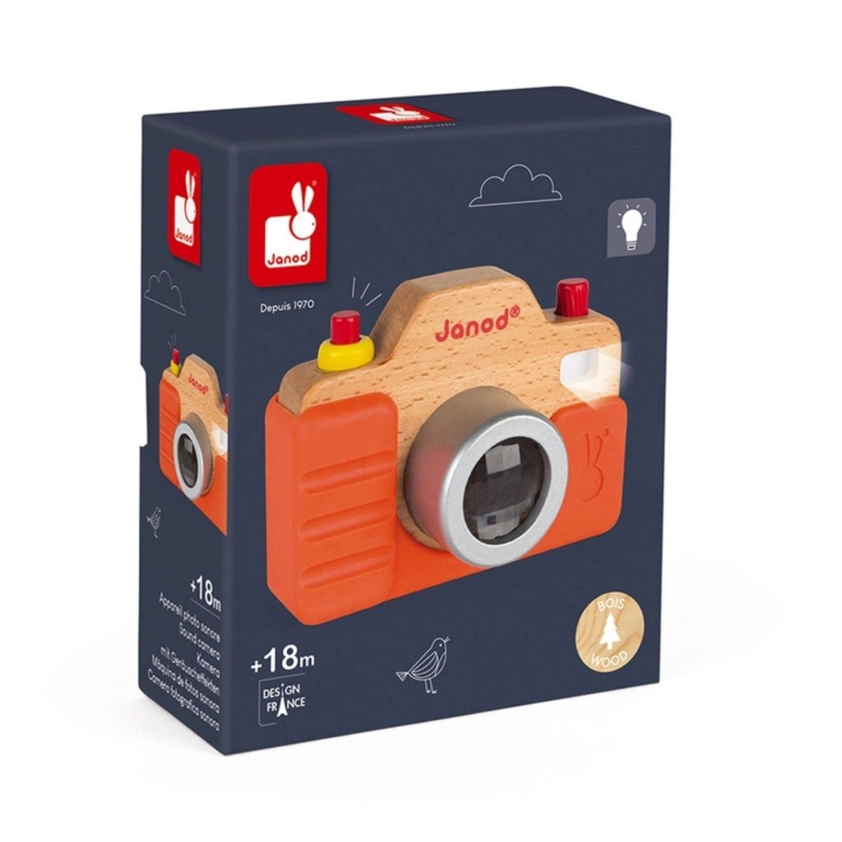 Janod wooden toy camera in box package on white background.