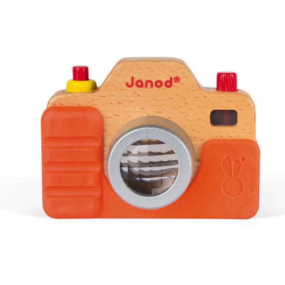 Wooden toy camera with orange silicone case front with kaleidoscope lens on white background. 