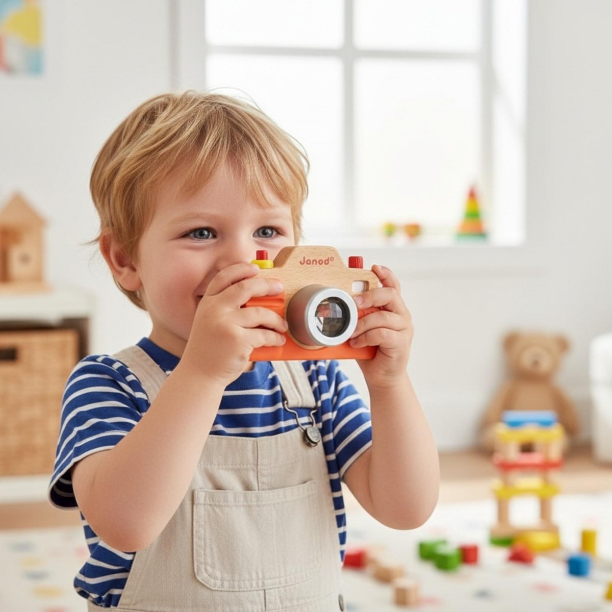 Child playing with Janod wooden toy camera.