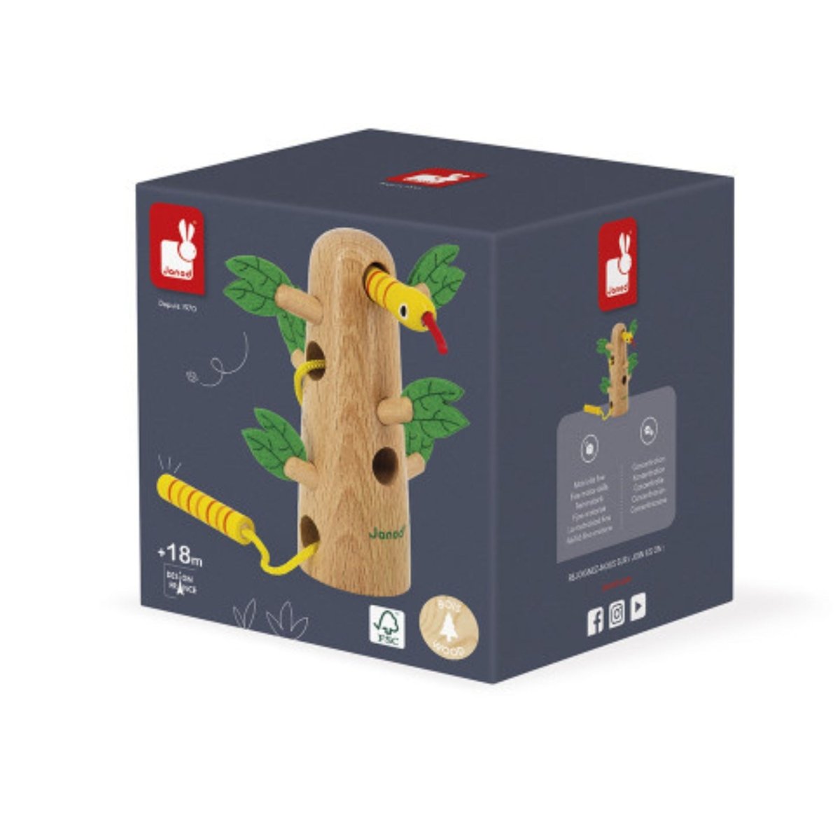Janod wooden lace up tree and snake toddler toy in box sitting on white background. 