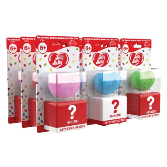 Packaging of Jelly Belly mystery scent toys with colorful packaging and mystery toy on a white background.