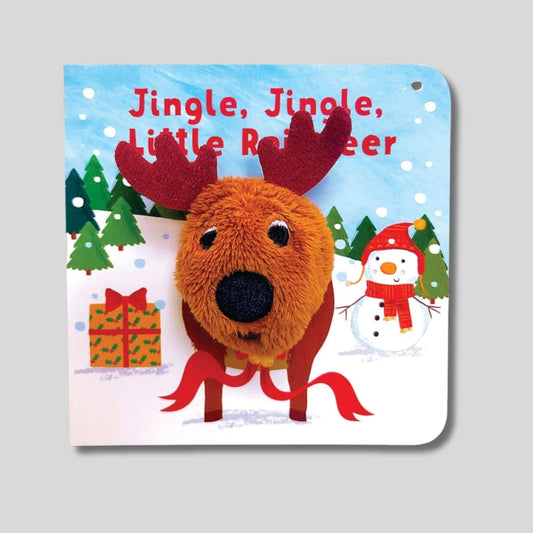 Jingle Jingle Little Reindeer Mini puppet board book with reindeer head as puppet that peeks through pages.