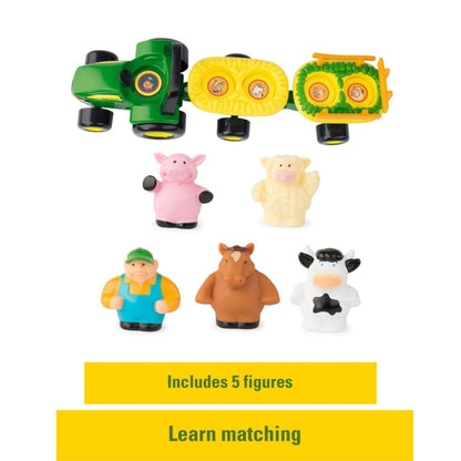 John Deere musical hayride tractor toy with 4 animals and farmer that fit on vehicle. 