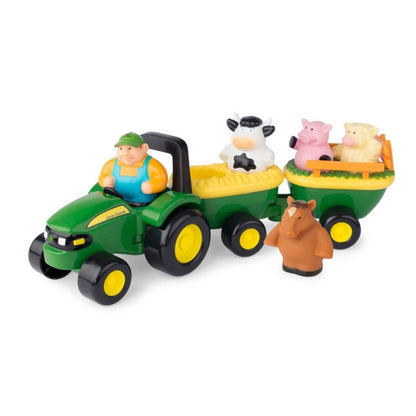 John Deere Animal Sounds Hayride Musical Tractor Toy with 4 animals and farmer sitting in tractor on white background. 
