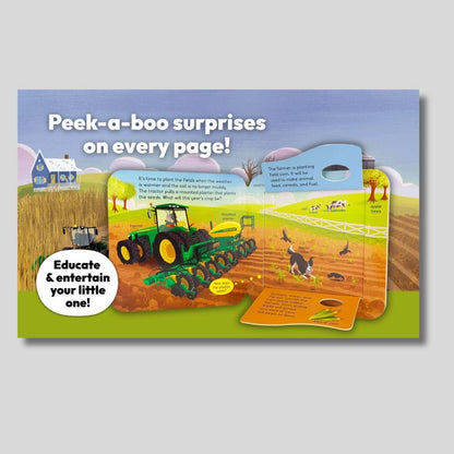 Inside Children's book John Deere Dirt peek a flap book with a tractor, dog, and chunky flaps to pull and see what is behind them. 