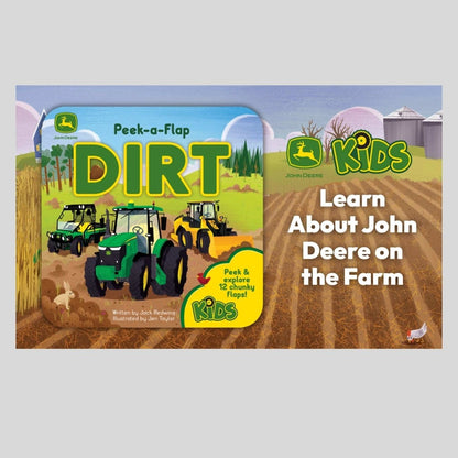 John Deere DIRT peek a flap board book cover with tractors sitting on farm background.