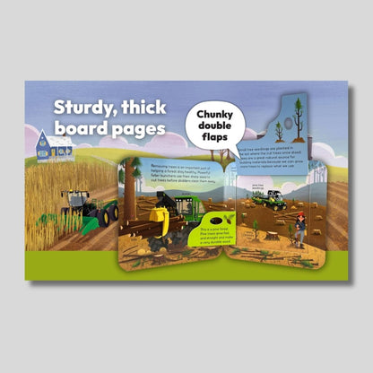 Children's John Deere chunky peek a flap board book with tractors and farming information and surprise images under chunky flaps. 