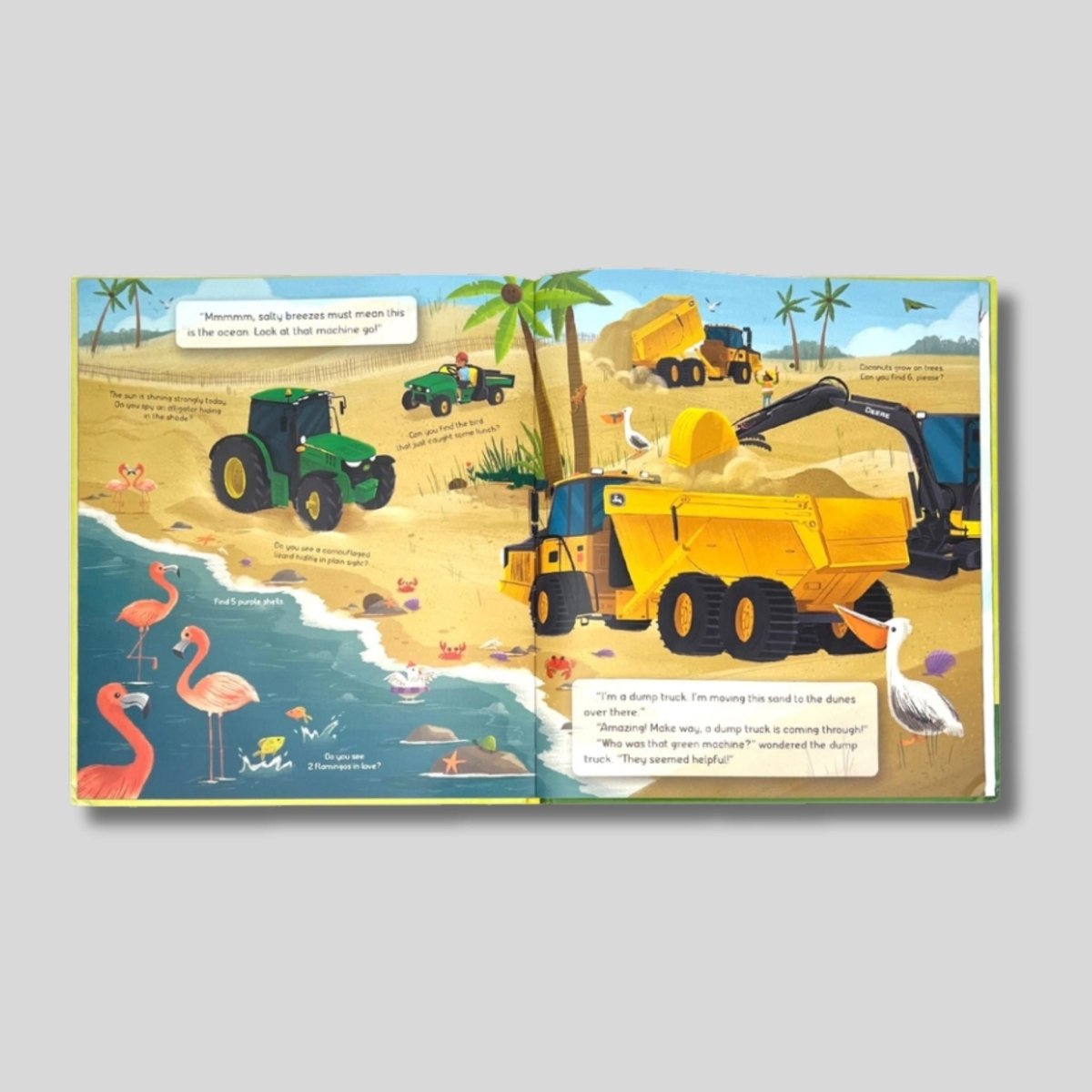 Inside John Deere Kids I spy book with vehicles and water side. 