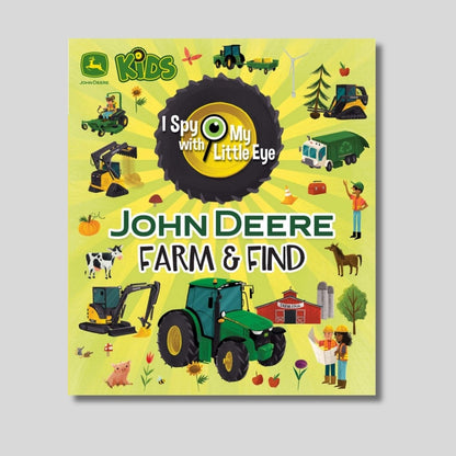 Children's John Deere Farm & Find I Spy hardcover book sitting on gray background. 