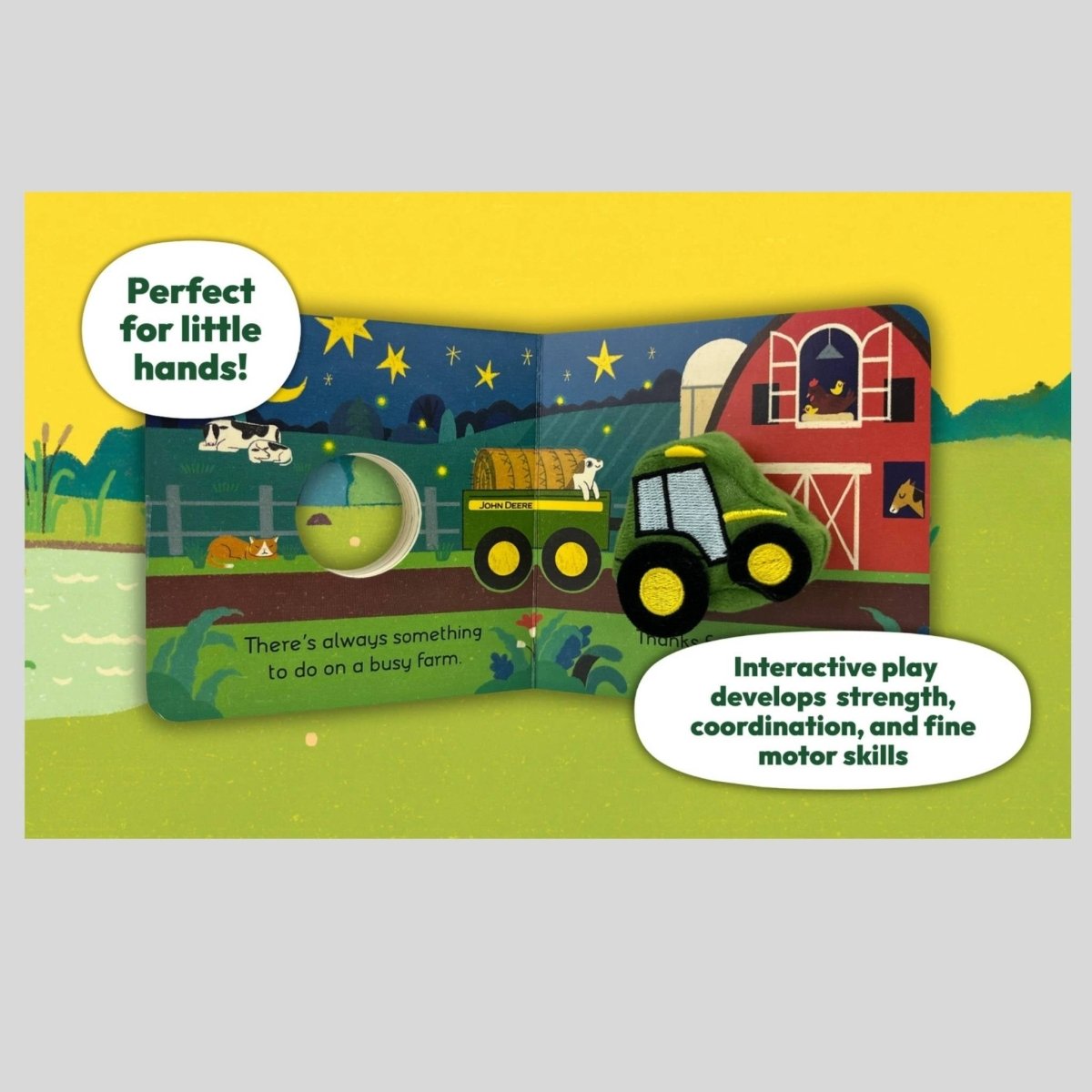 Inside mini John Deere I am Tractor puppet board book at night on the farm.