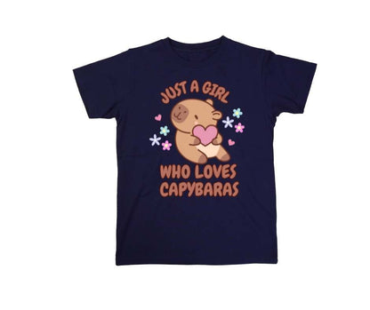 Navy blue t-shirt with a graphic of a capybara holding a heart and text 'Just a Girl who Loves Capybaras'.