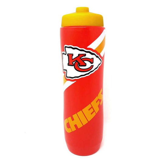 Kansas City Chiefs logo 32oz BPA Free squeezy water Bottle sitting on white background.