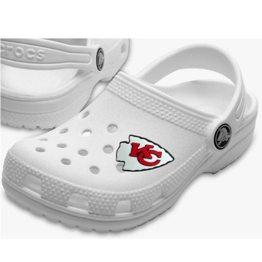 white crocs with KC Chiefs shoe charm on white background. Little Gift Nook