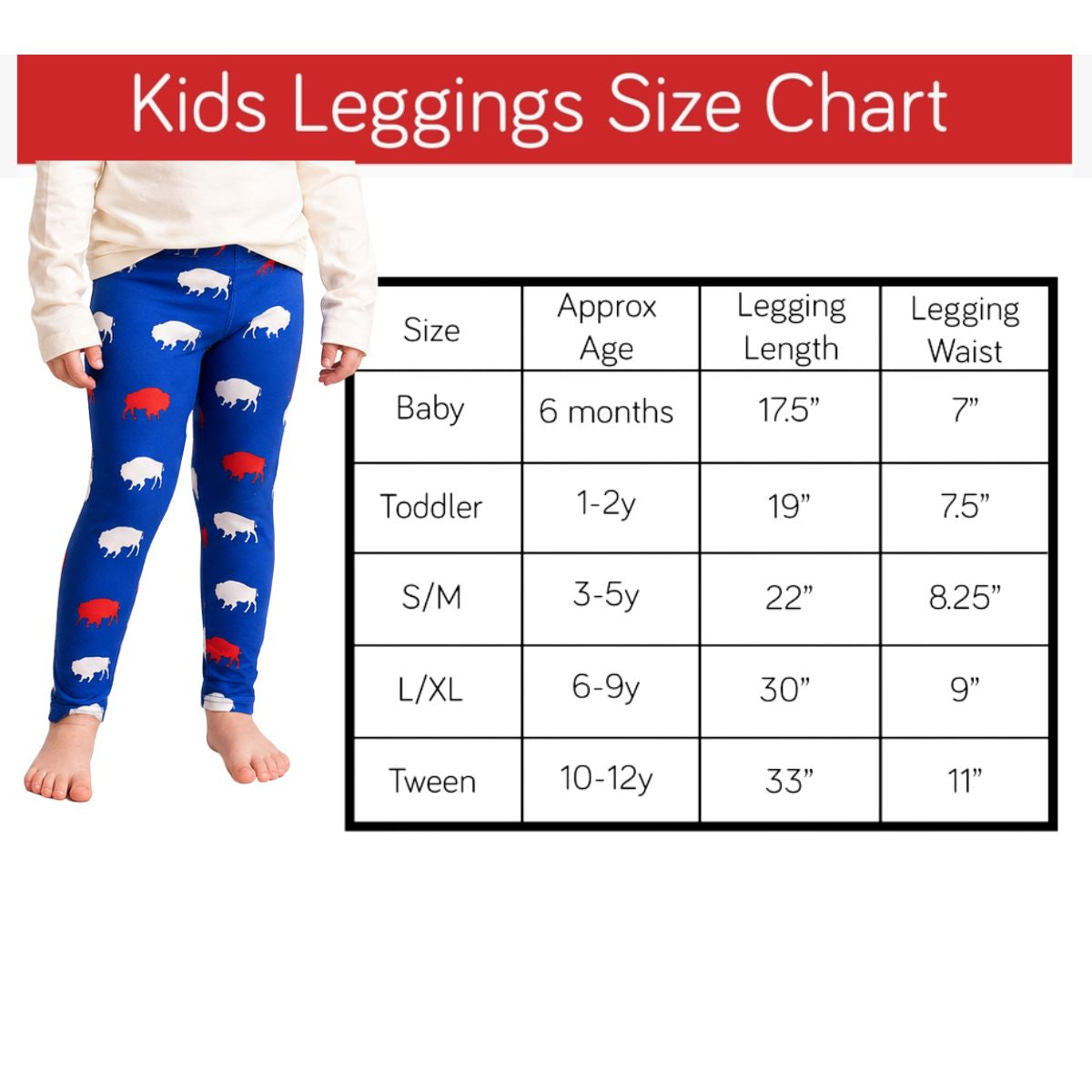 Size chart for kids buffalo print leggings with a child wearing blue leggings featuring red and white designs.