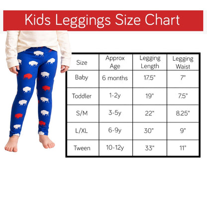 Size chart for kids buffalo print leggings with a child wearing blue leggings featuring red and white designs.
