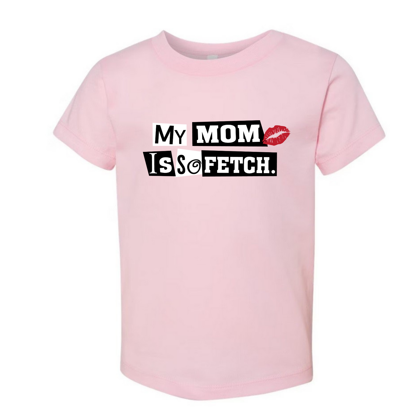 Pink Mom is so Fetch Kids Tshirt. Light pink kids tshirt. Lettering on front looks like cut out letters. Mean Girls Inspired.- Little Gift Nook
