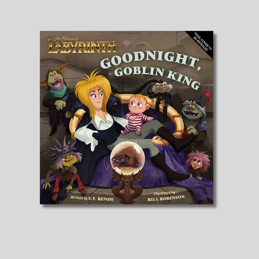 Children's Jim Henson's Labyrinth Goodnight Goblin King story book cover on gray background. Little Gift Nook