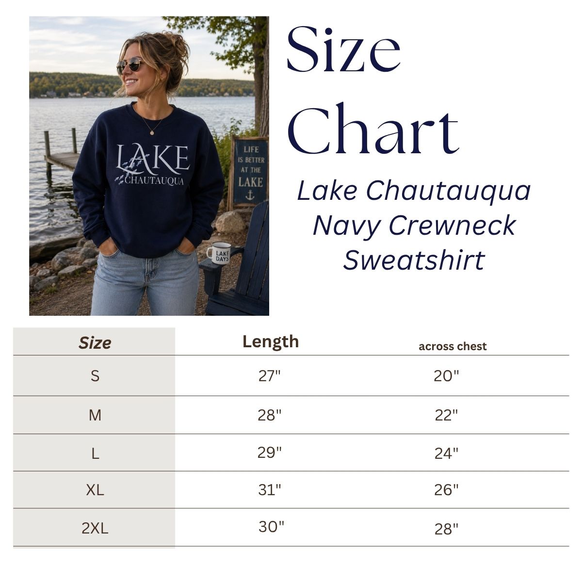 Woman wearing a navy sweatshirt with 'Lake Chautauqua' text, size chart for the sweatshirt, and scenic lake background.