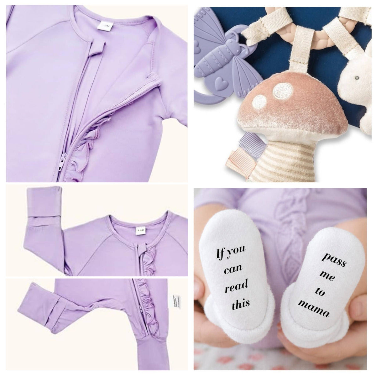 Lavender bamboo baby girl sleeper close up of double zippers and fold over cuffs, soft textured mushroom toy, and pass me to mama baby socks. 