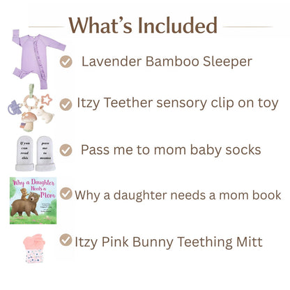 Baby Girl Gift Set – Lavender Bamboo Sleeper: what's included list with product images and descriptions – Little Gift Nook