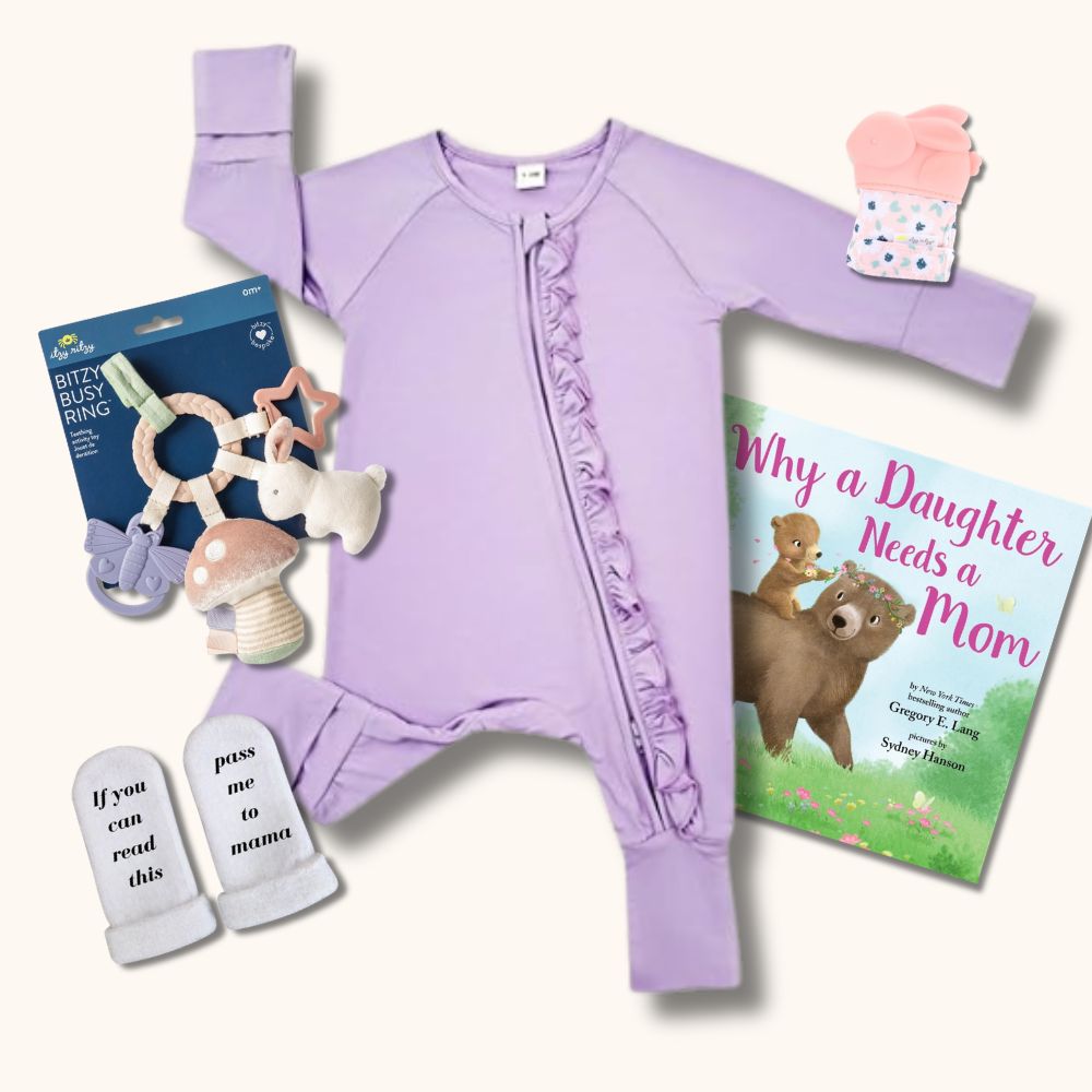 Baby Girl Gift Set – Lavender Bamboo Sleeper collage showing purple romper, soft toy, and socks – Little Gift Nook